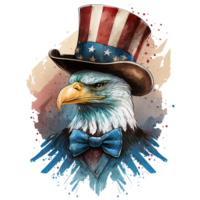 Watercolor patriotic bald american eagle with hat, 4th of July element, png