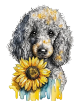 Cute adorable watercolor poodle dog with sunflower illustration, png