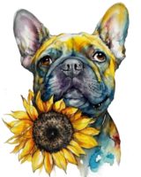 French Bulldog with sunflower watercolor illustration, png