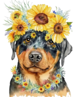 watercolor illustration of Rottweiler dog with sunflower on head, png