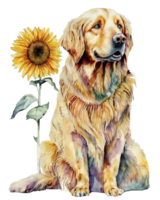 Golden retriever dog with sunflower watercolor illustration, png