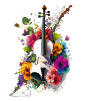 Violin covered with colorful flowers. watercolor graphics, png