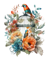 uccello nel gabbia con fiori in giro isolato, ai generativo png