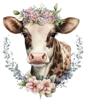 cow head with flowers isolated, png