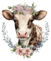 vaca cabeça com flores isolado, ai generativo png