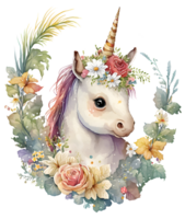 cute unicorn in the middle of lots of sunflowers, rose, wild flowers around, isolated, png