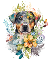 puppy with flowers, dog head with flowers, isolated, png