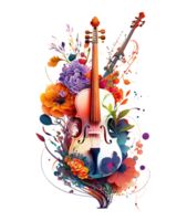 Violin covered with colorful flowers. watercolor graphics, png