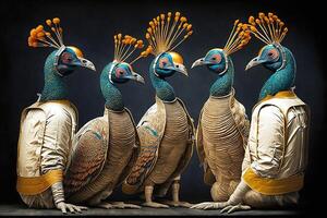 group of peacock in astronaut suit illustration photo