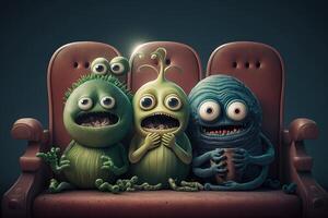 Group of aliens visiting Earth and trying to understand human emotions, with one alien crying at a romantic movie and another alien laughing at a bad joke illustration photo