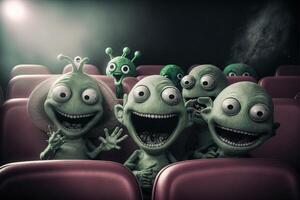 Group of aliens visiting Earth and trying to understand human emotions, with one alien crying at a romantic movie and another alien laughing at a bad joke illustration photo