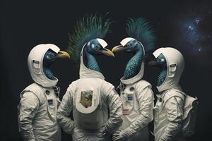 group of peacock in astronaut suit illustration photo