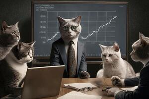 Cats sitting around a boardroom table, dressed in business suits, one of them presenting a sales pitch on a graph illustration photo