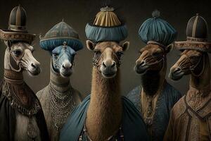 Camels animals dressed in victorian era clothing illustration photo