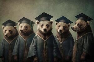 bears standing in a line, wearing graduation caps and gowns, with a proud look on their faces illustration photo