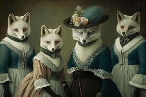 arctic foxes animals dressed in victorian era clothing illustration photo