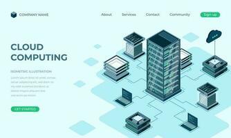 Cloud computing isometric landing page. Cloud storage server. Cloud computing online database technology. Vector illustration