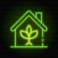 Glowing neon line eco friendly house icon. Eco house with leaf. House leaf eco house neon. Glowing neon. Vector illustration