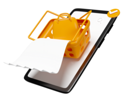 3d Handy, Mobiltelefon Telefon mit Einkaufen Wagen, Korb, Papier Kassenbon isoliert. Förderung, Rabatt Der Umsatz zum Einkaufen online, Rechnung, elektronisch Rechnung, 3d Illustration machen png