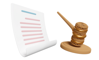 3d judge arbitrate gavel, hammer auction with stand, paper auction contract isolated. law, justice system symbol concept, 3d render illustration png