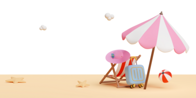 3d summer travel with suitcase, umbrella, ball, beach chair, hat, seaside isolated. 3d render illustration png