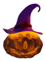 Fête de vacances de citrouille d'halloween 3d avec jack o lanterne effrayée et lumière de bougie dans la citrouille, chapeau pointu de sorcière violette, minimal pour joyeux halloween, illustration de rendu 3d png