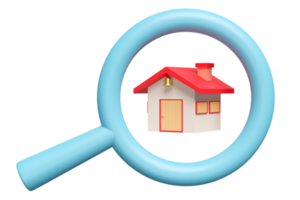 3d red house with magnifying glass icon isolated. online shopping, search data, Buying a house, renting, the desired location concept, 3d render illustration png