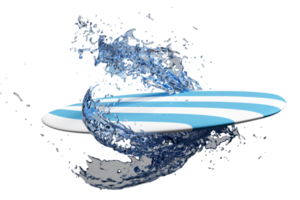 blue surfboard with water splash isolated. summer travel concept, 3d illustration or 3d render png