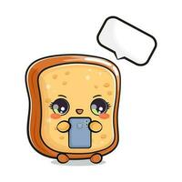 linda gracioso rebanado brindis un pan con un teléfono inteligente en mano. vector mano dibujado dibujos animados kawaii personaje ilustración icono. aislado en blanco antecedentes. rebanado brindis un pan personaje concepto