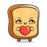 linda gracioso brindis un pan con corazón en mano. vector mano dibujado dibujos animados kawaii personaje ilustración icono. aislado en blanco antecedentes. rebanado brindis un pan personaje concepto