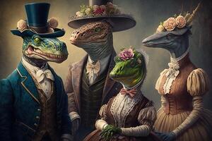 dinosaurs animals dressed in victorian era clothing illustration photo