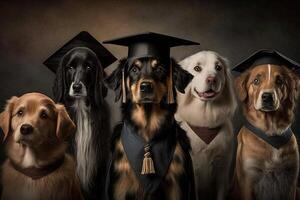 Dogs standing in a line, wearing graduation caps and gowns, with a proud look on their faces illustration photo