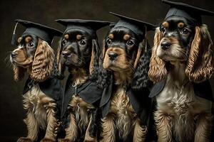 cocker spaniel perros en pie en un línea, vistiendo graduación tapas y batas, con un orgulloso Mira en su caras ilustración generativo ai foto