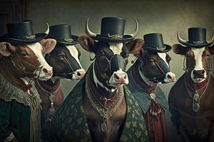 vacas y toros animales vestido en victoriano era ropa ilustración generativo ai foto