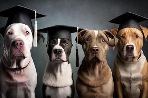 perros en pie en un línea, vistiendo graduación tapas y batas, con un orgulloso Mira en su caras ilustración generativo ai foto