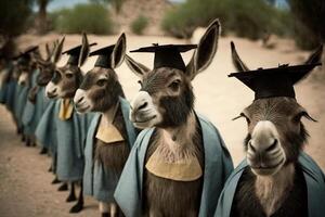 burros en pie en un línea, vistiendo graduación tapas y batas, con un orgulloso Mira en su caras ilustración generativo ai foto