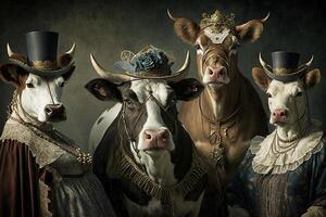 vacas y toros animales vestido en victoriano era ropa ilustración generativo ai foto
