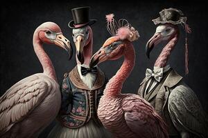 flamingo animals dressed in victorian era clothing illustration photo