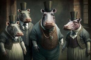 hippo animals dressed in victorian era clothing illustration photo