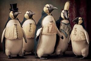 emperador pingüino animales vestido en victoriano era ropa ilustración generativo ai foto