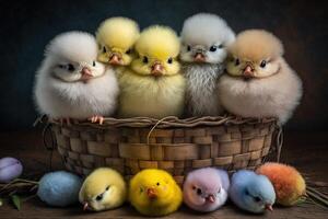 Group of fluffy Easter chicks peeping out of a basket Easter illustration photo