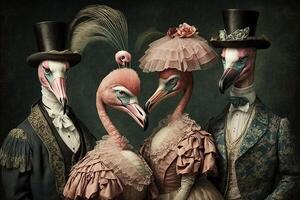 flamingo animals dressed in victorian era clothing illustration photo