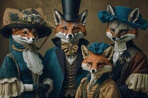 red foxes animals dressed in victorian era clothing illustration photo