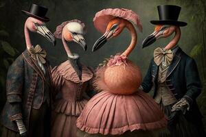 flamingo animals dressed in victorian era clothing illustration photo