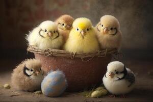 Group of fluffy Easter chicks peeping out of a basket Easter illustration photo