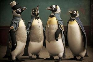 emperador pingüino animales vestido en victoriano era ropa ilustración generativo ai foto