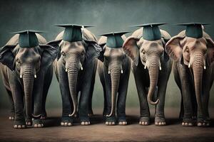 Elephants standing in a line, wearing graduation caps and gowns, with a proud look on their faces illustration photo