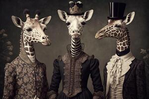 jirafa animales vestido en victoriano era ropa ilustración generativo ai foto
