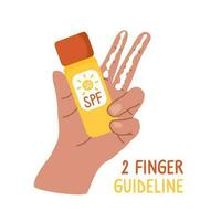 Hand holding sunscreen in flat style. The rule of applying sunscreen. Two finger guideline how to apply SPF on the face. vector