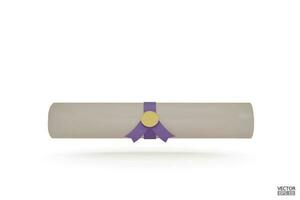 Diploma, close up of paper scroll with purple ribbon isolated on white background. Graduation Degree Scroll with Medal. Education certificate graduation scroll icon.  3D vector illustration.